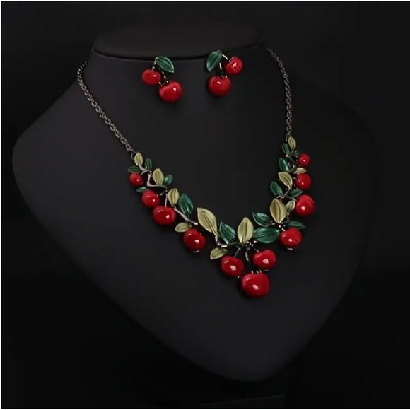 Vintage Retro Style Red Cherry Necklace & Earrings Set Cute Fruit Charm Chain - Picture 4 of 6